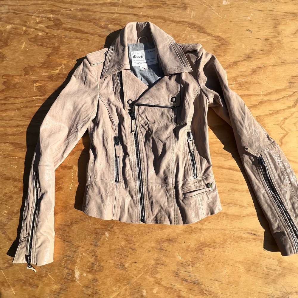 Ever US 48-60-25 Womens Blush Pink Leather Moto Jacket Asymmetric Zip Size P